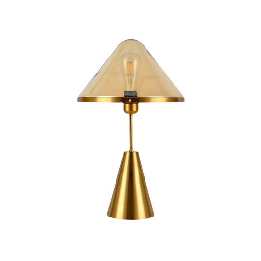 Glass mushroom table lamp, amber cone shade on brass base, product view