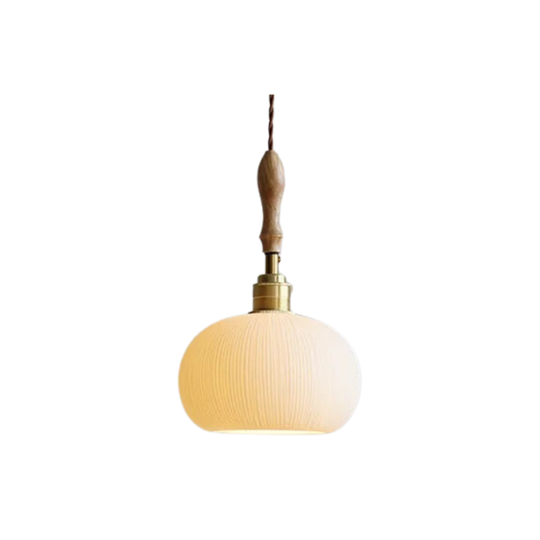 Japandi ribbed ceramic pendant light, brass holder and wood grip, product view