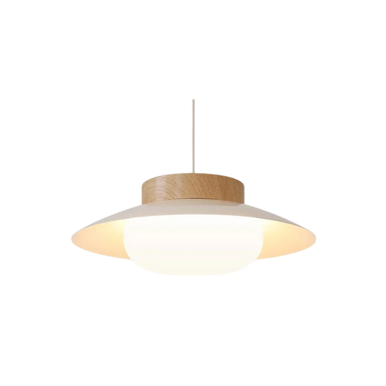 Creamy Japandi pendant light, wide cream brim with wooden cap, product view