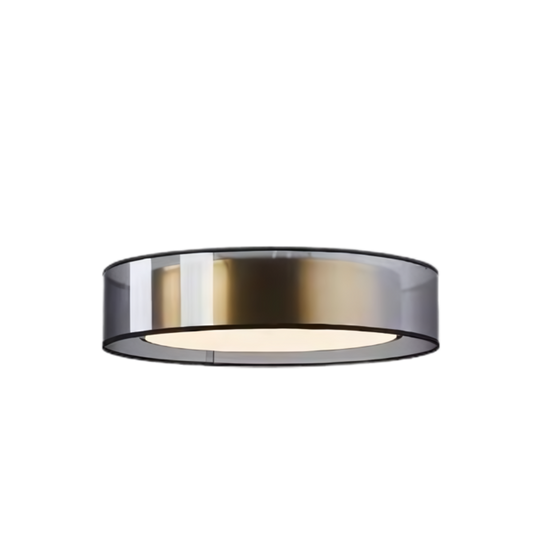 Rosé glass ceiling light, smoked drum with brass inner band, product view