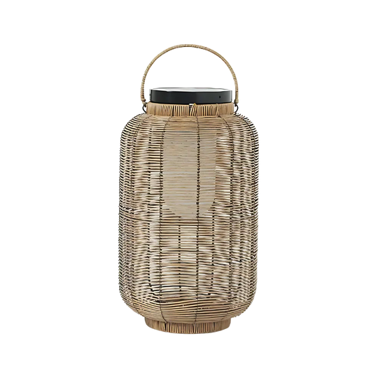 Boho solar faux rattan garden light, cylinder lantern with a carry handle, product view