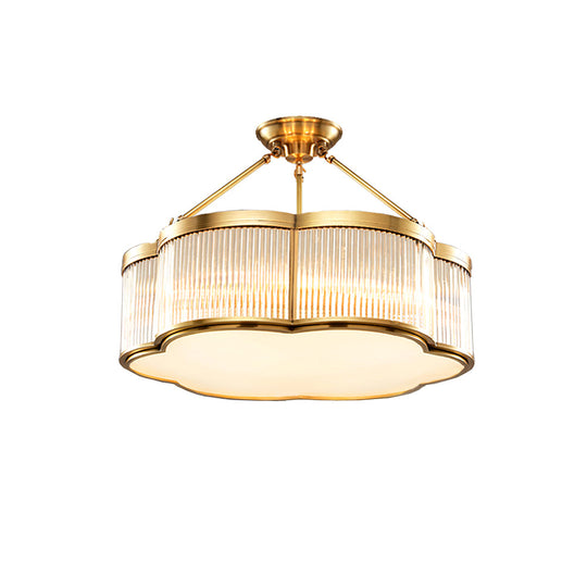 Basil glass pendant light, brass frame with scalloped ribbed shade, product view