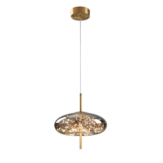 Modern starry glass pendant light, amber oval disc with brass canopy, product view