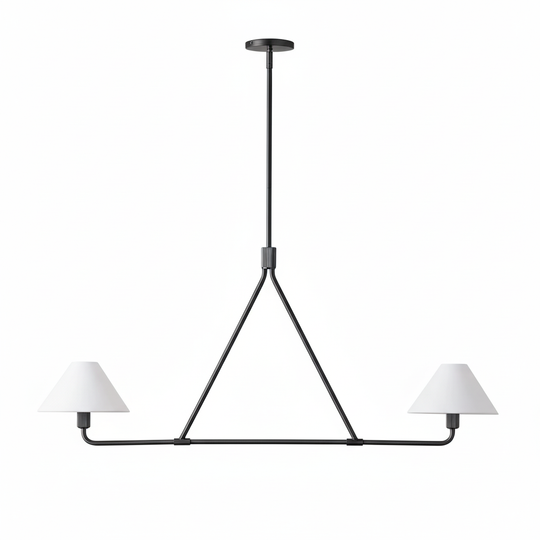Beatrix linear fabric pendant light, black two-head triangle frame, product view