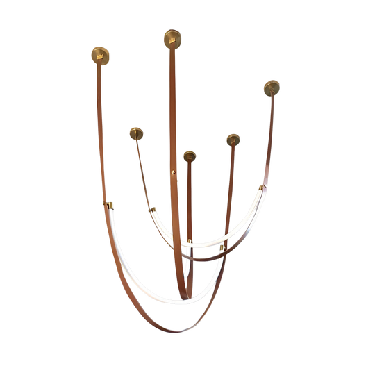 Nordic faux leather belt pendant light, tan belts with five brass canopies, product view