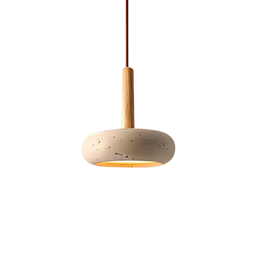 Tivoli oval travertine pendant light, pale wood stem, product view