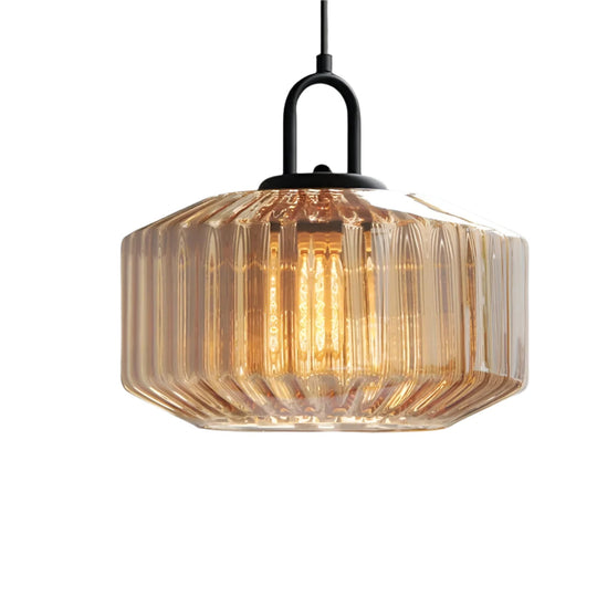 Ribbed glass drum pendant light, amber shade, product view
