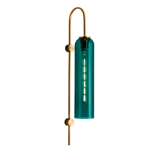 Glass tube wall sconce, green shade on a brass hook arm, product view