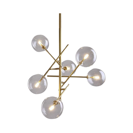 Golden Sphere glass globe chandelier, brass branches with six clear globes, product view