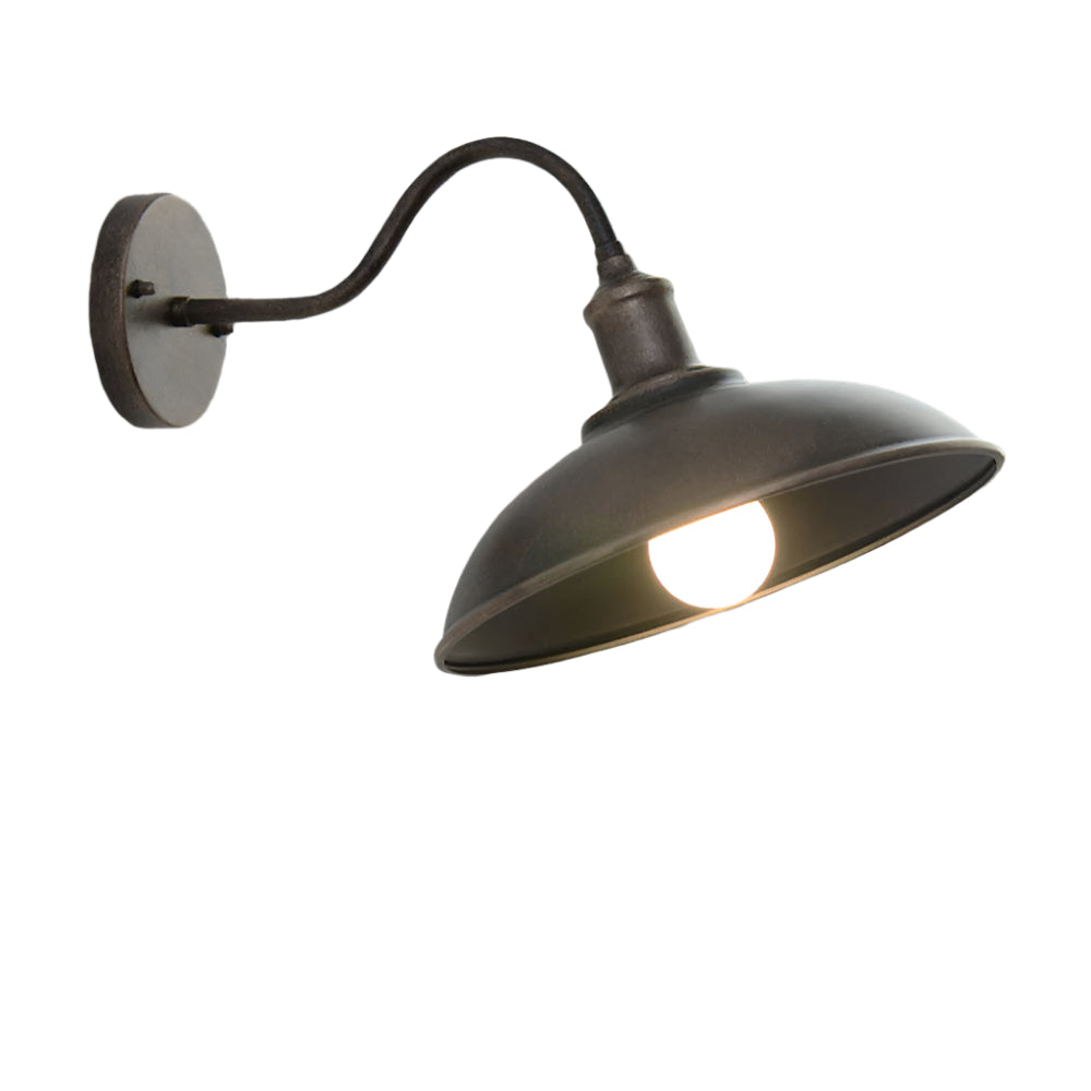 Bowl outdoor wall light, dark tilted shade on a gooseneck arm, product view