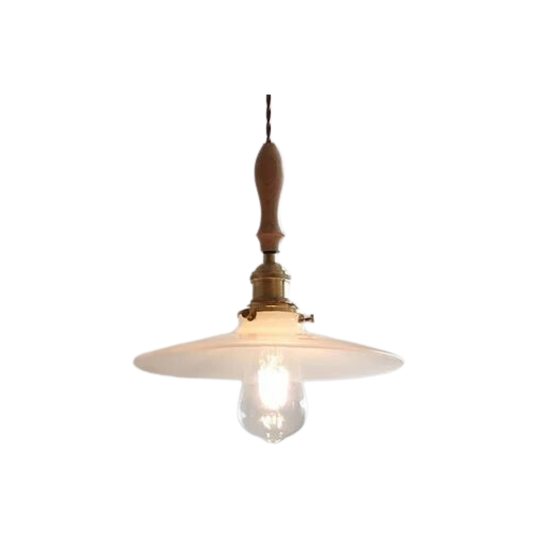 Elegance Velvet glass pendant light, turned wood stem and flat opal shade, product view