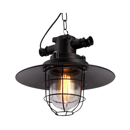 Brilliant industrial pendant light, black cage and wide brim on a chain, product view