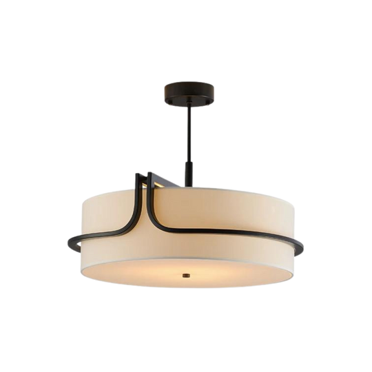 Radiation drum pendant light, cream shade with black iron frame, product view