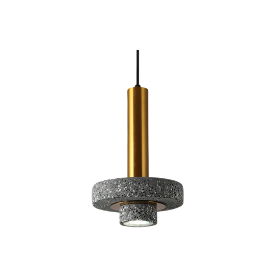 Vintage terrazzo pendant light, grey disc with gold tube, product view