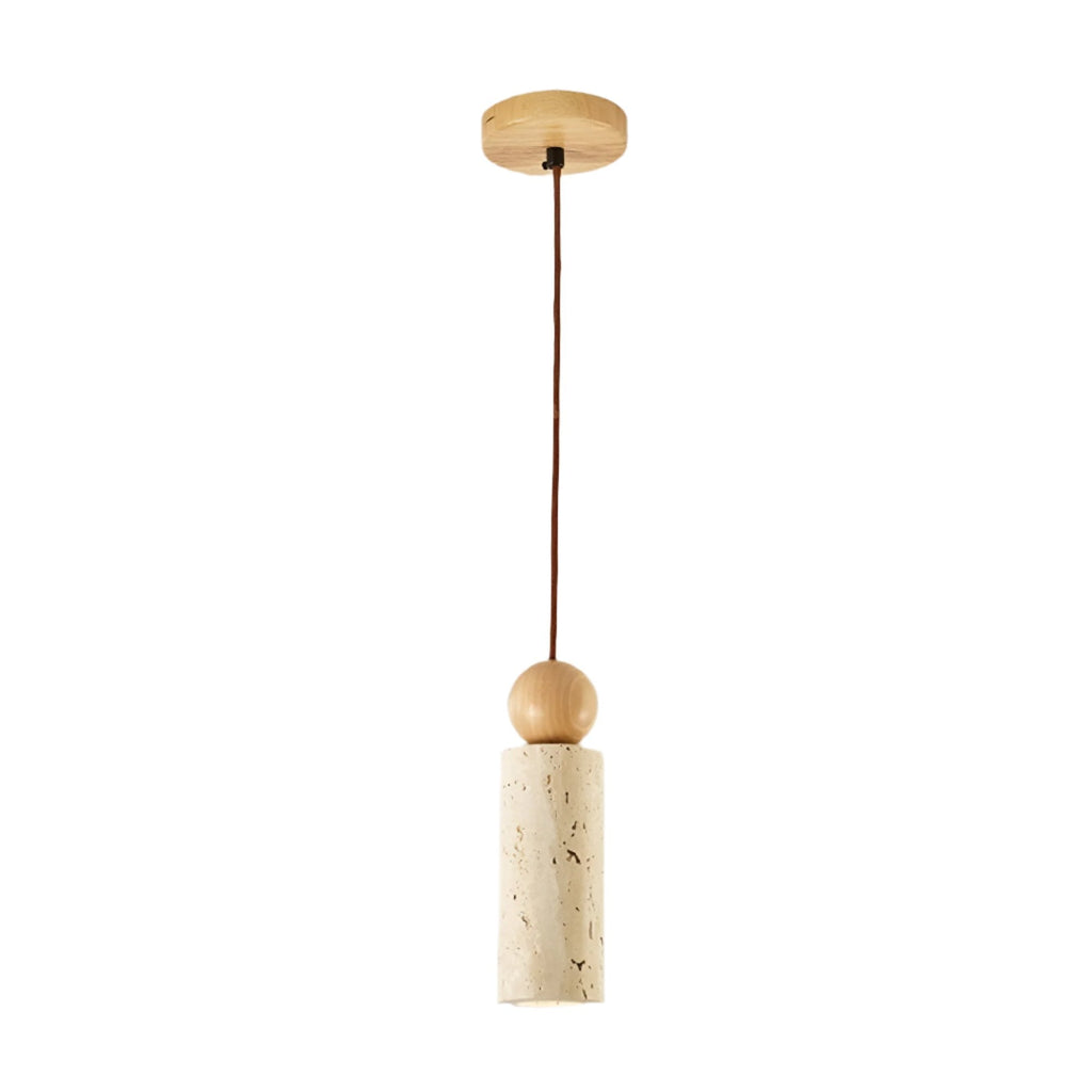 Travertine cylinder pendant light, natural wood bead under a round wooden canopy