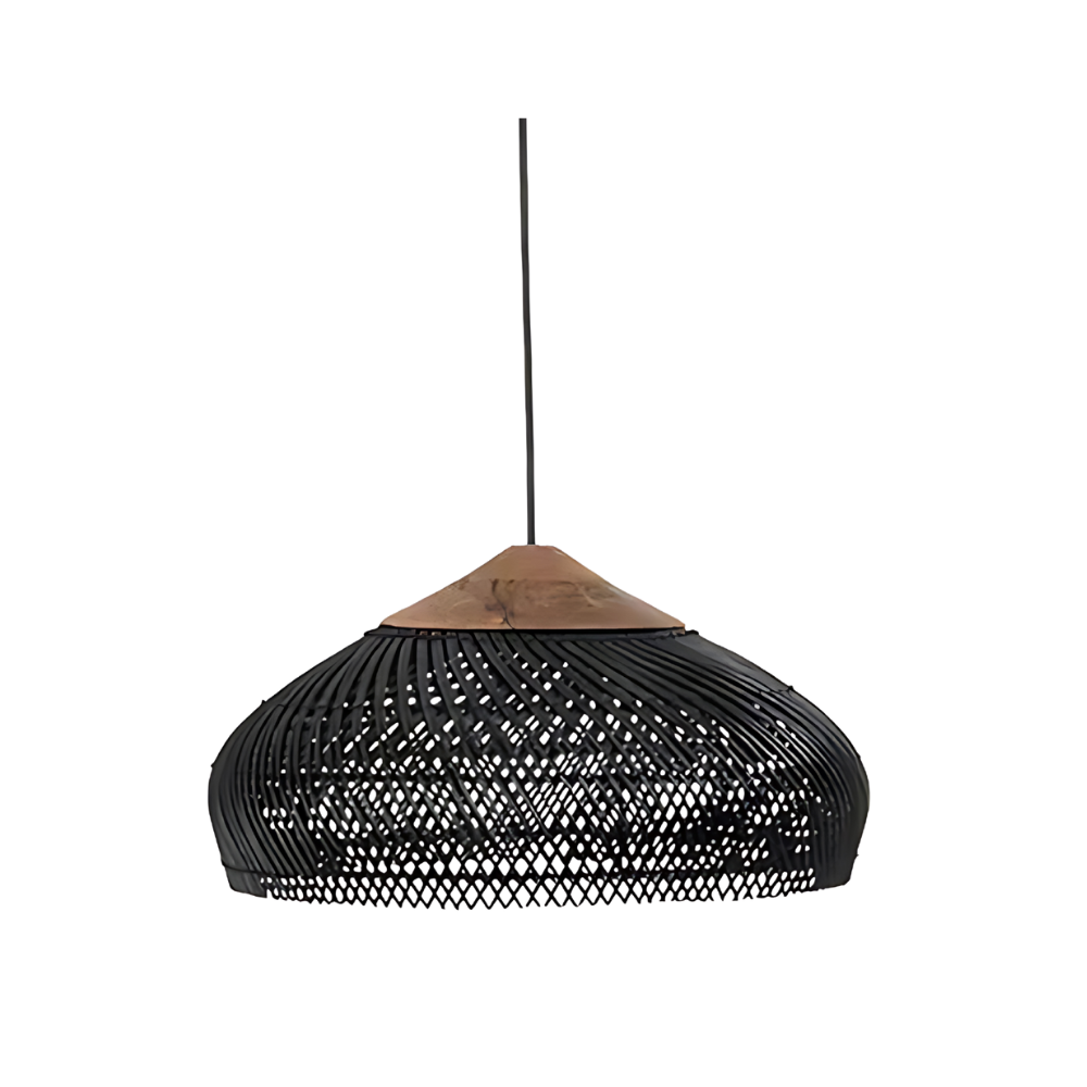 Boho rattan dome pendant light in black with wood cap, product view