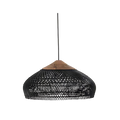 Boho rattan dome pendant light in black with wood cap, product view