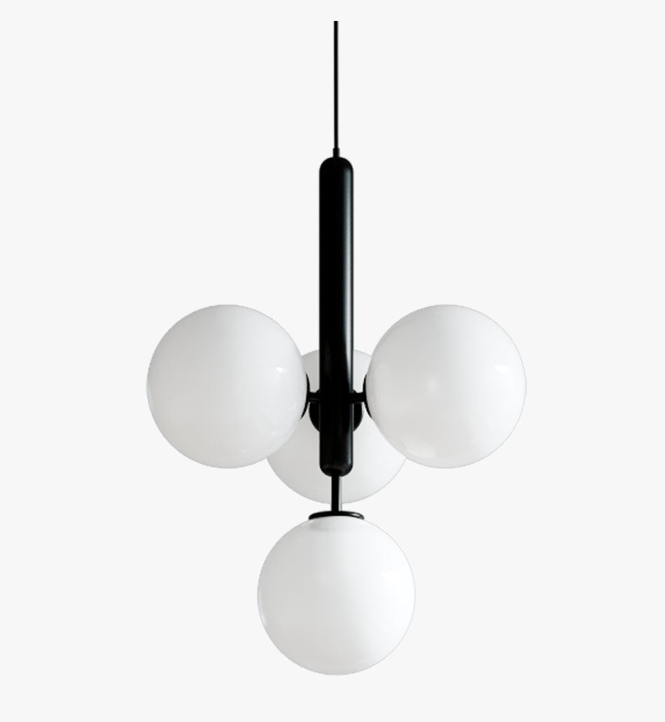 Solara glass pendant light, four frosted balls on a black stem, close view