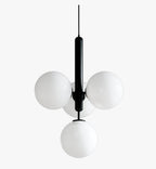 Solara glass pendant light, four frosted balls on a black stem, close view