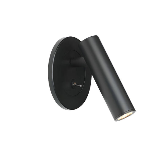 Scottie minimalist wall sconce, black swivel tube on round plate, product view