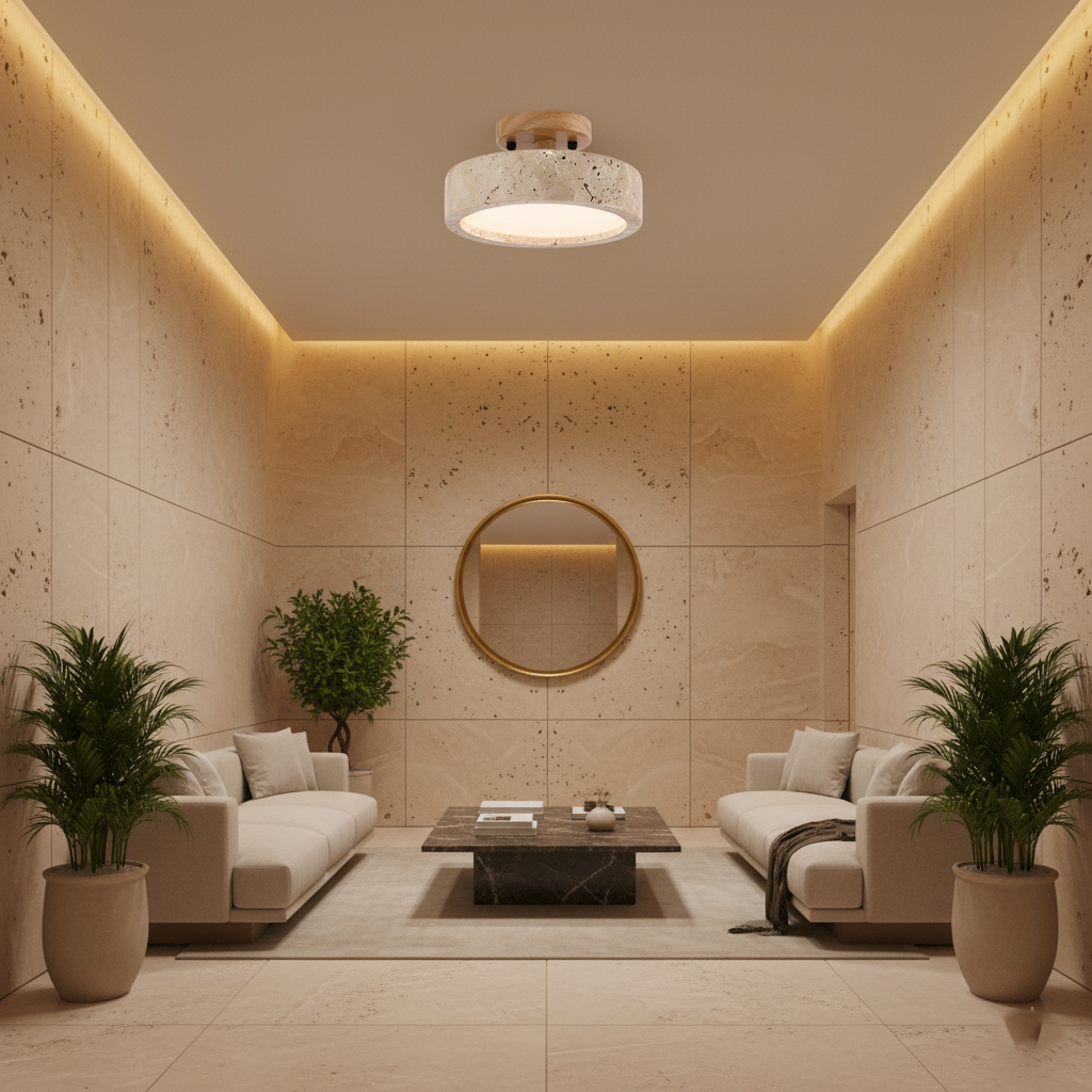 Round Yellow Travertine Ceiling Light Fixture