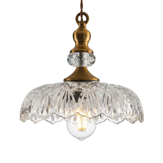 Clarionne engraved glass pendant light, brass fittings and clear cut shade, product view