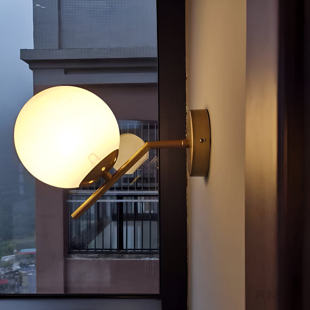 Gold Brass Finished White Glass Ball Shade Wall Light