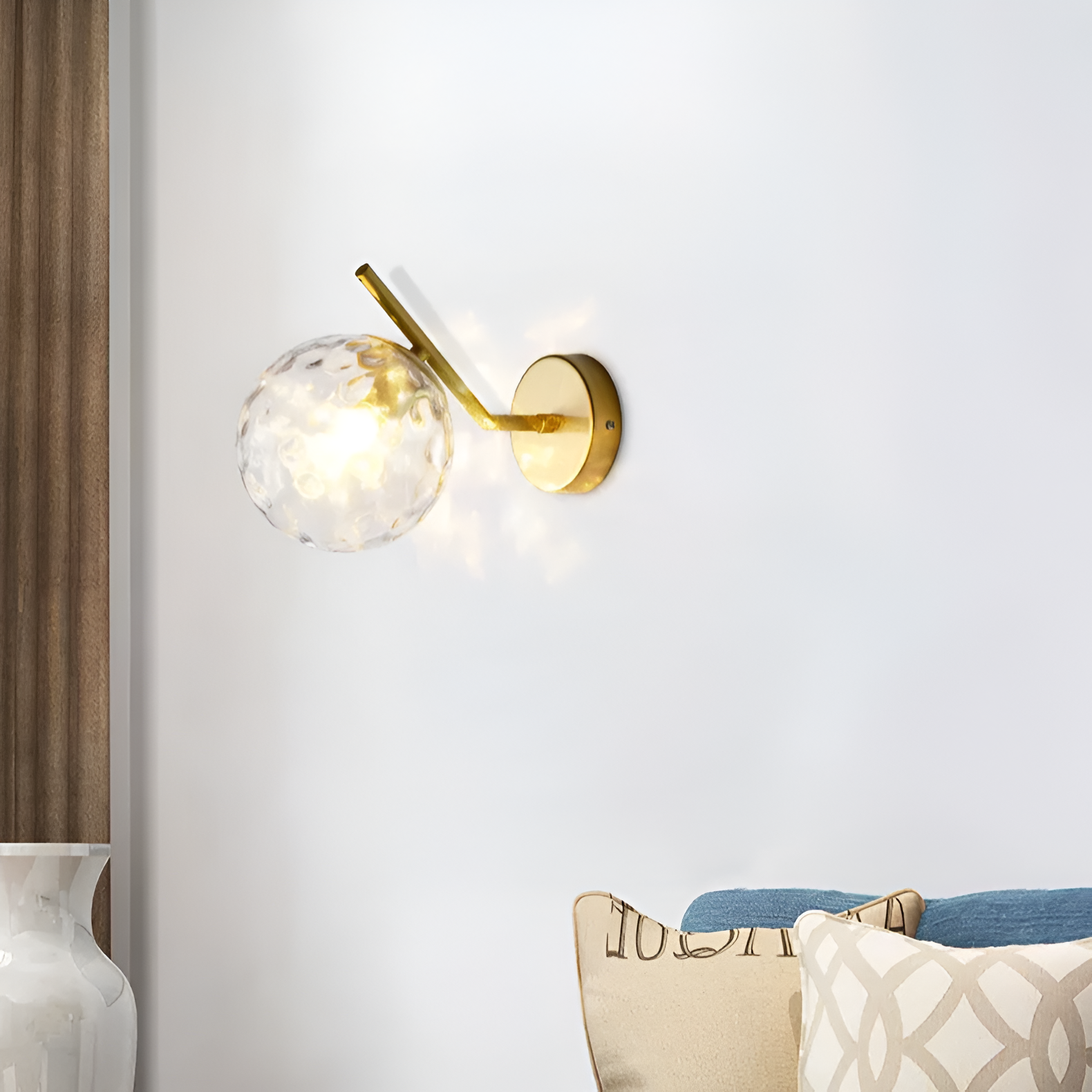 Gold Brass Finished White Glass Ball Shade Wall Light