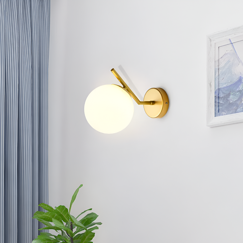 Gold Brass Finished White Glass Ball Shade Wall Light