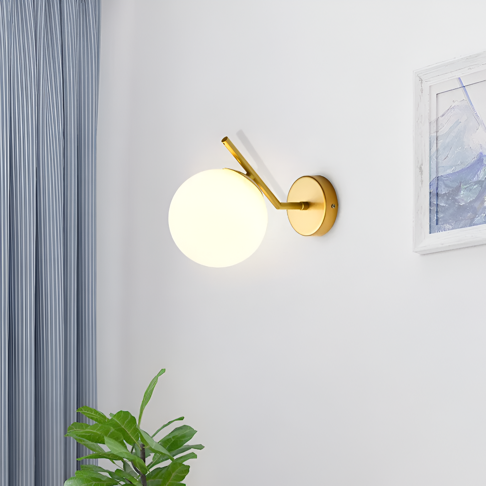 Gold Brass Finished White Glass Ball Shade Wall Light