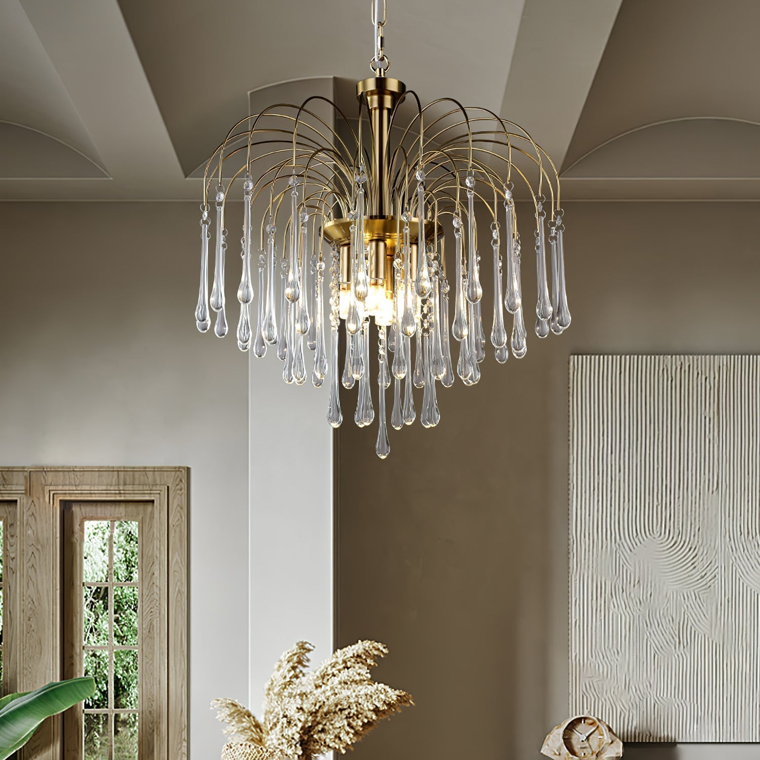 Teardrop Waterfall Crystal Glass Brass Chandelier