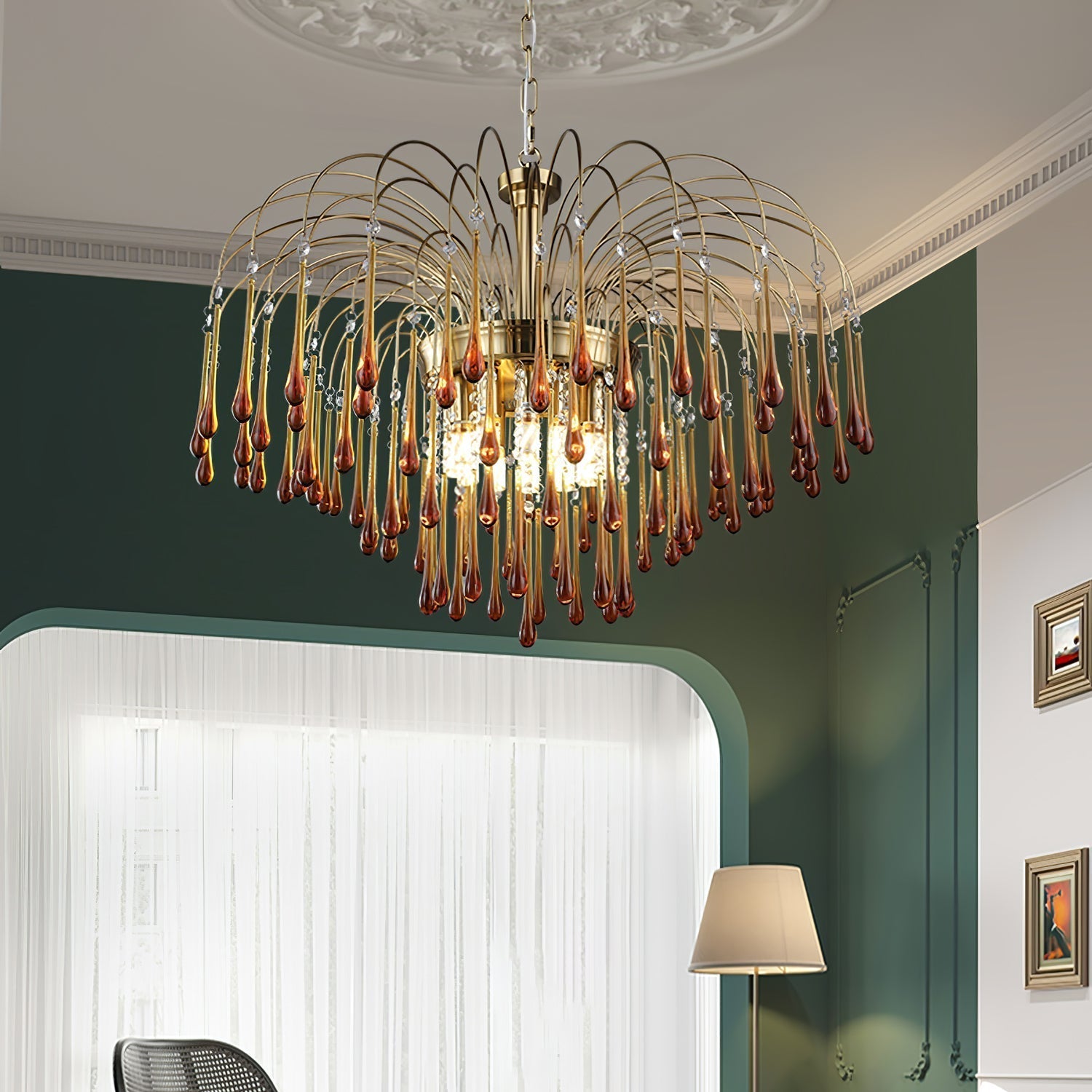 Teardrop Waterfall Crystal Glass Brass Chandelier