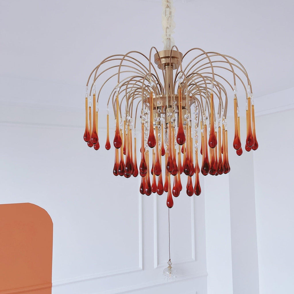 Teardrop Waterfall Crystal Glass Brass Chandelier