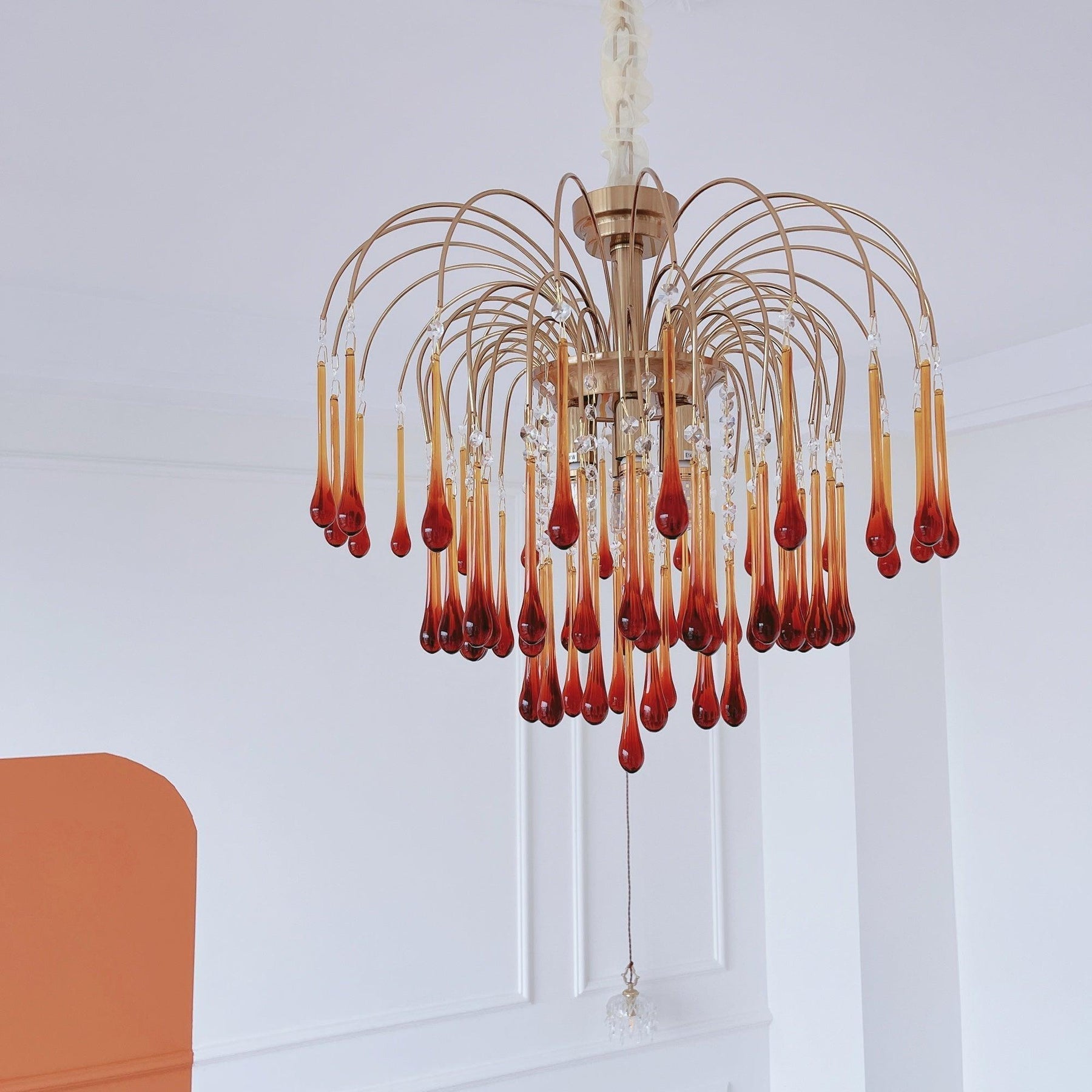 Teardrop Waterfall Crystal Glass Brass Chandelier