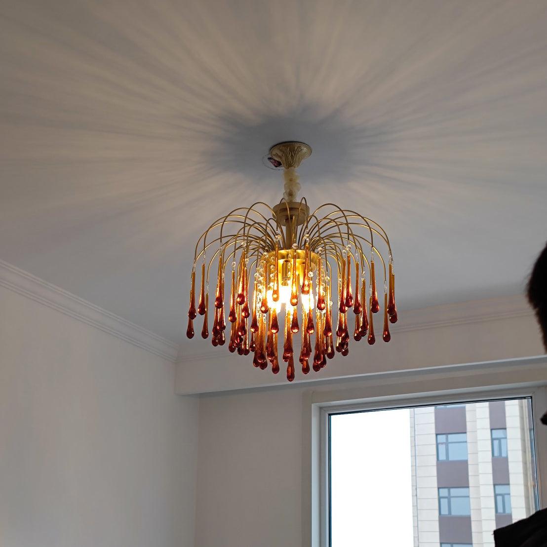Teardrop Waterfall Crystal Glass Brass Chandelier