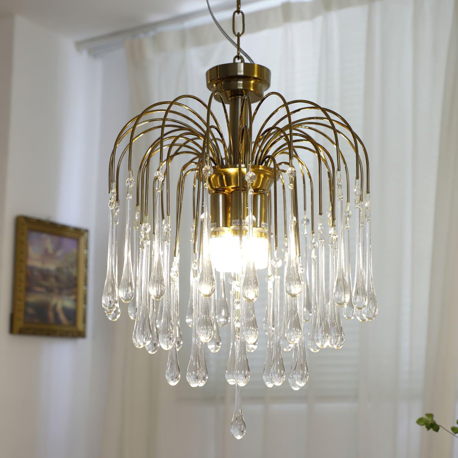 Teardrop Waterfall Crystal Glass Brass Chandelier