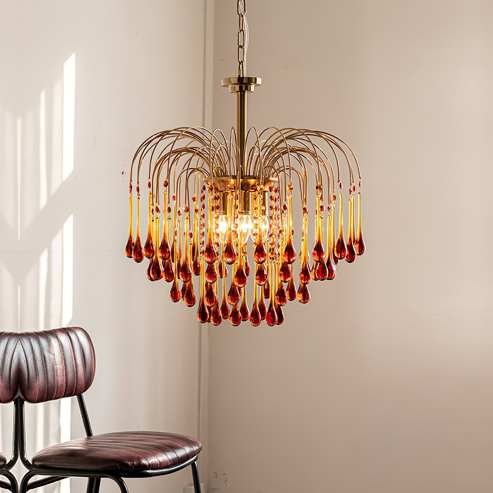 Teardrop Waterfall Crystal Glass Brass Chandelier
