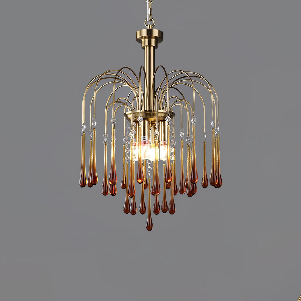 Teardrop Waterfall Crystal Glass Brass Chandelier
