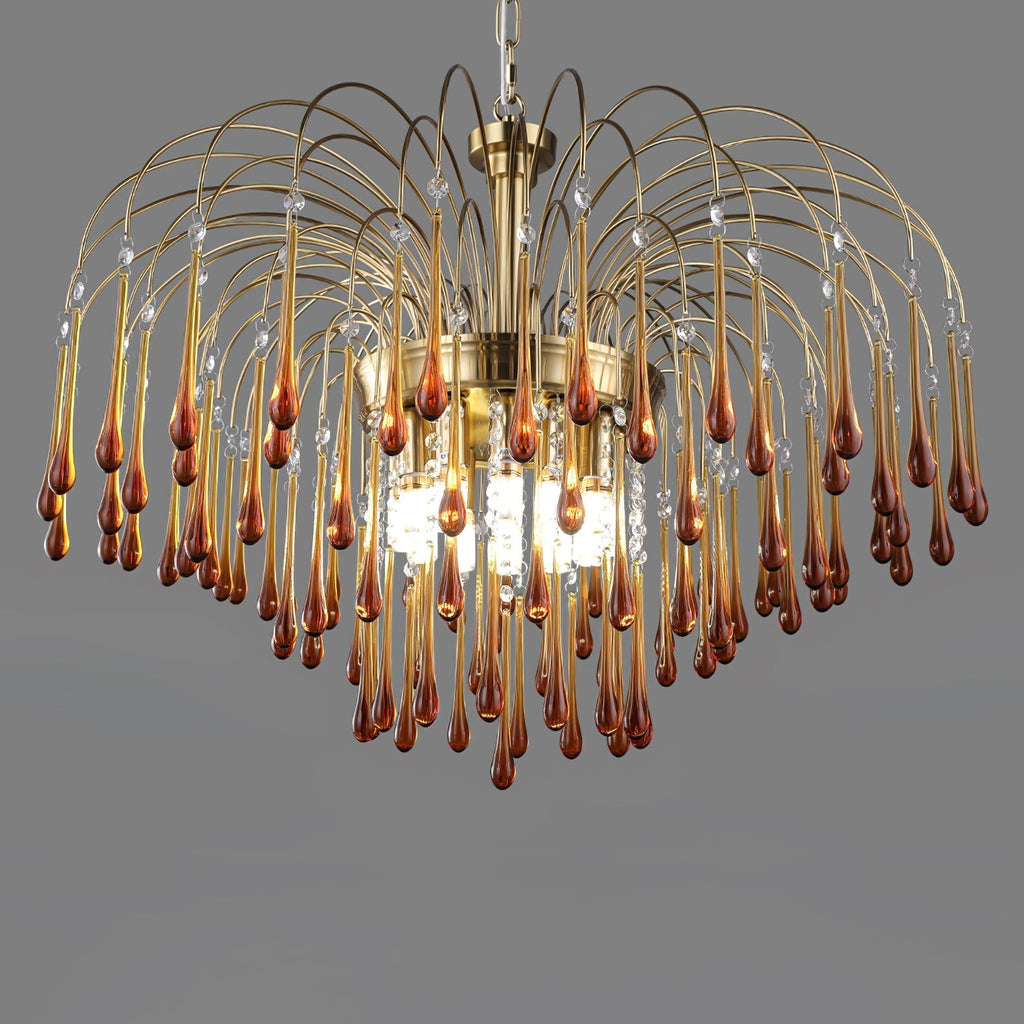 Teardrop Waterfall Crystal Glass Brass Chandelier