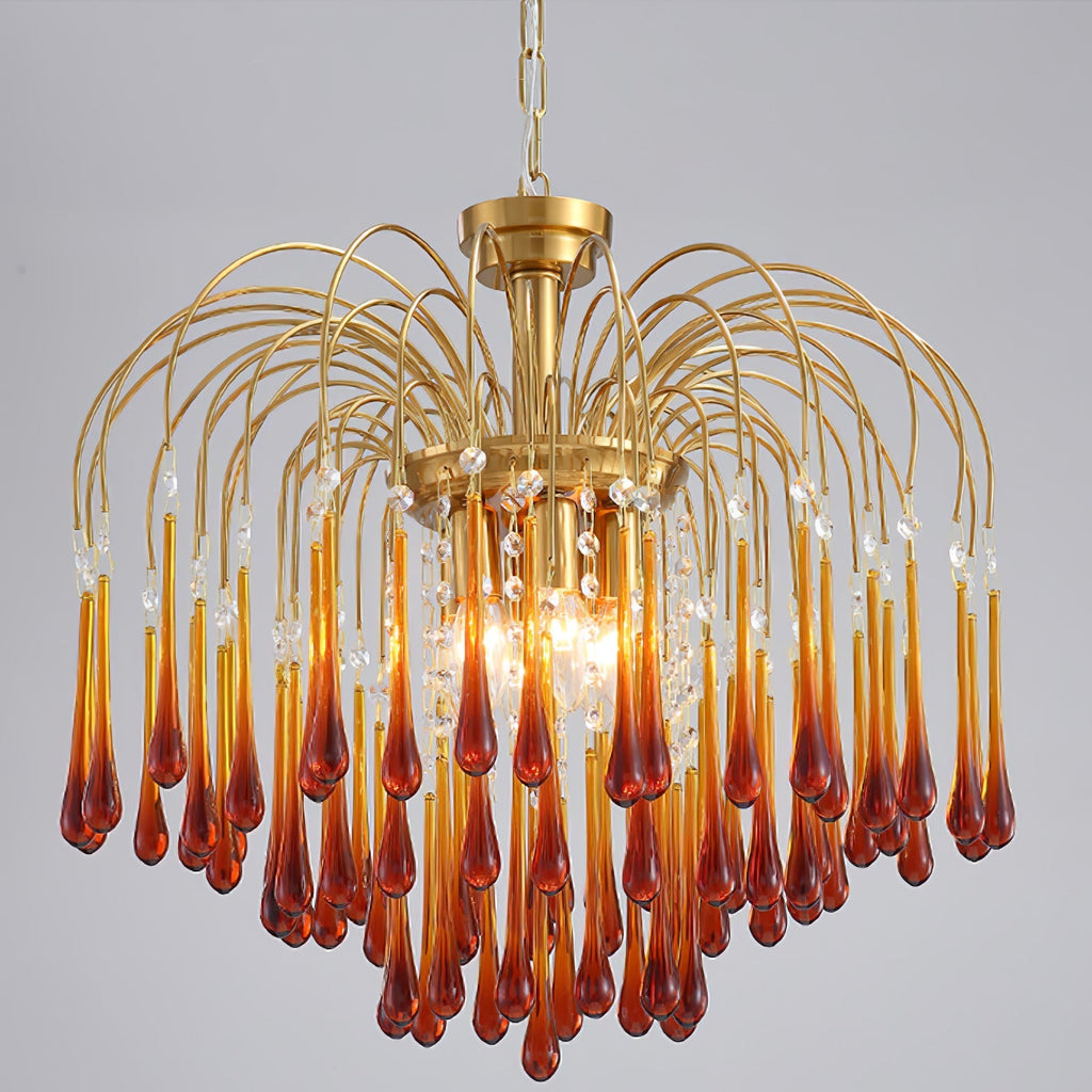 Teardrop Waterfall Crystal Glass Brass Chandelier