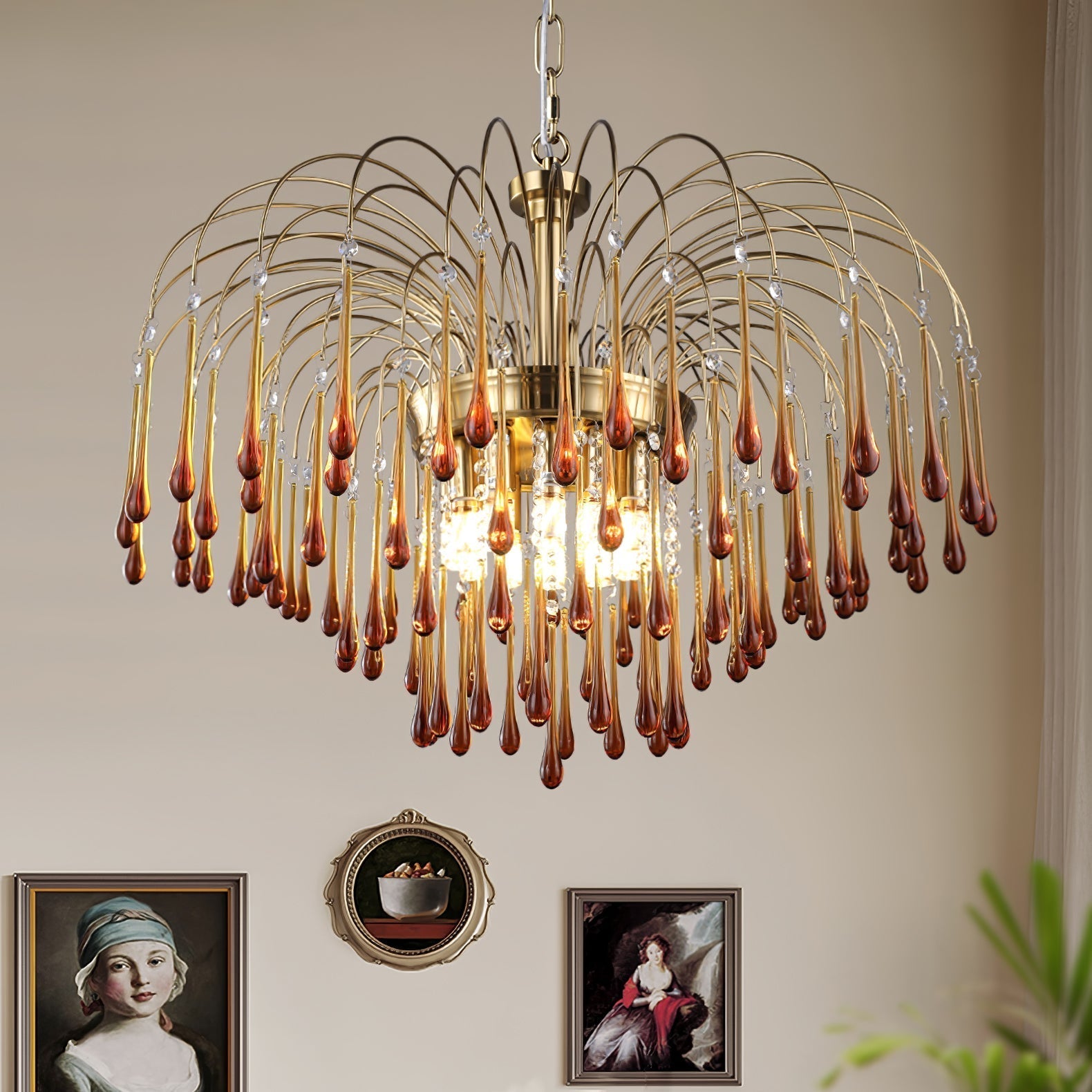 Teardrop Waterfall Crystal Glass Brass Chandelier