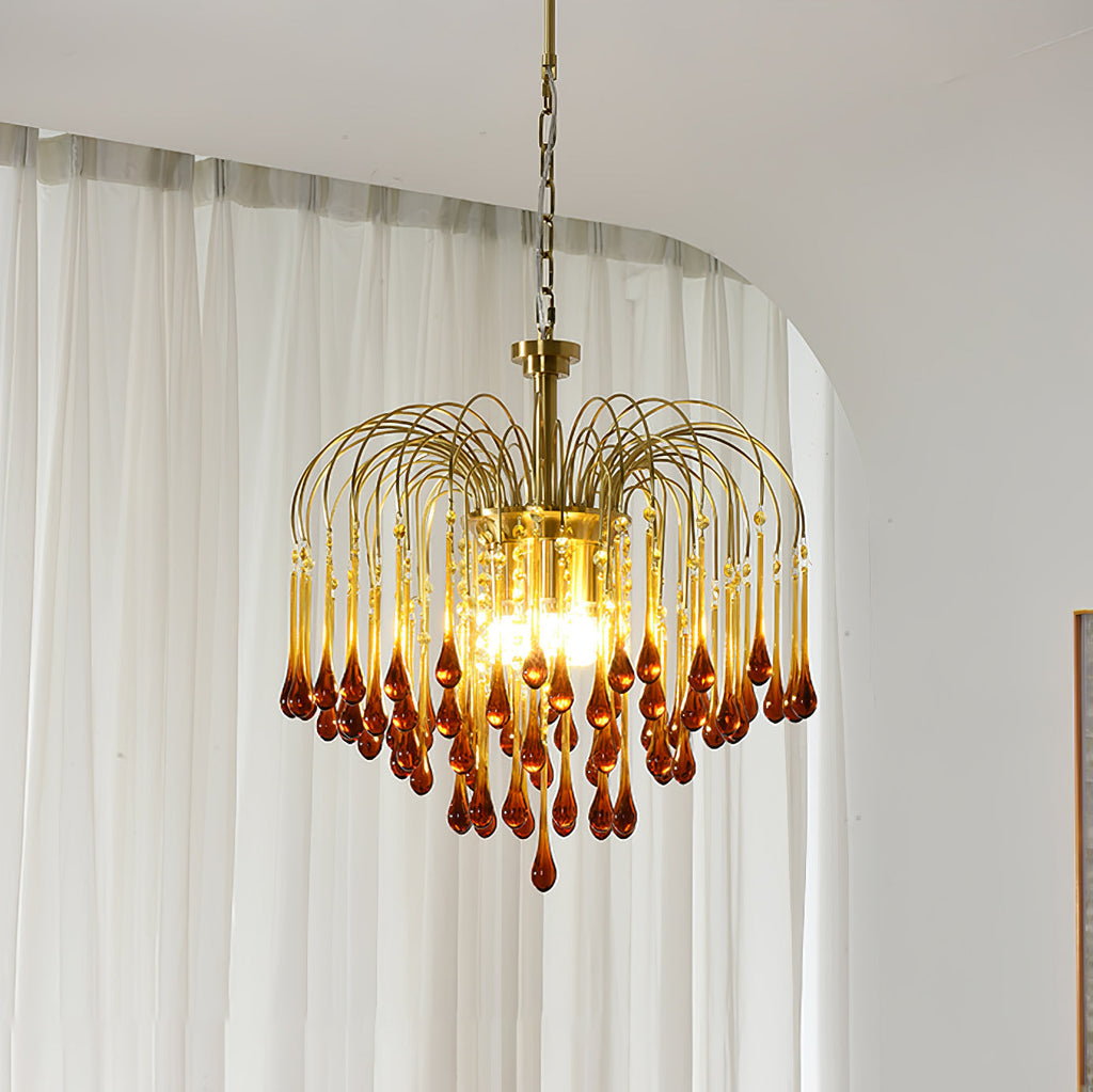 Teardrop Waterfall Crystal Glass Brass Chandelier