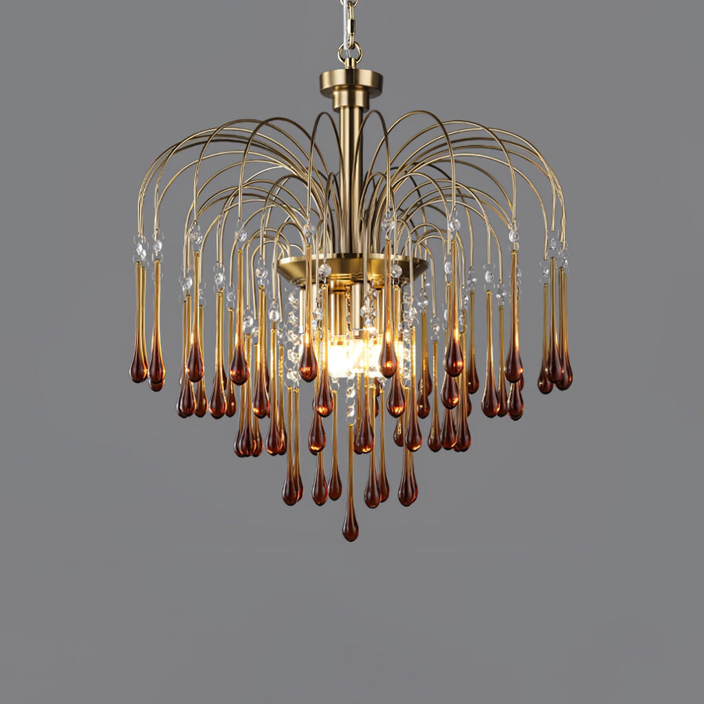 Teardrop Waterfall Crystal Glass Brass Chandelier