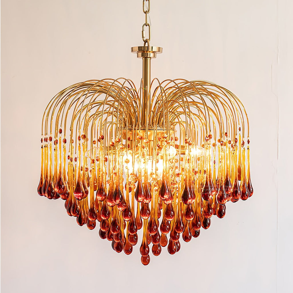 Teardrop Waterfall Crystal Glass Brass Chandelier