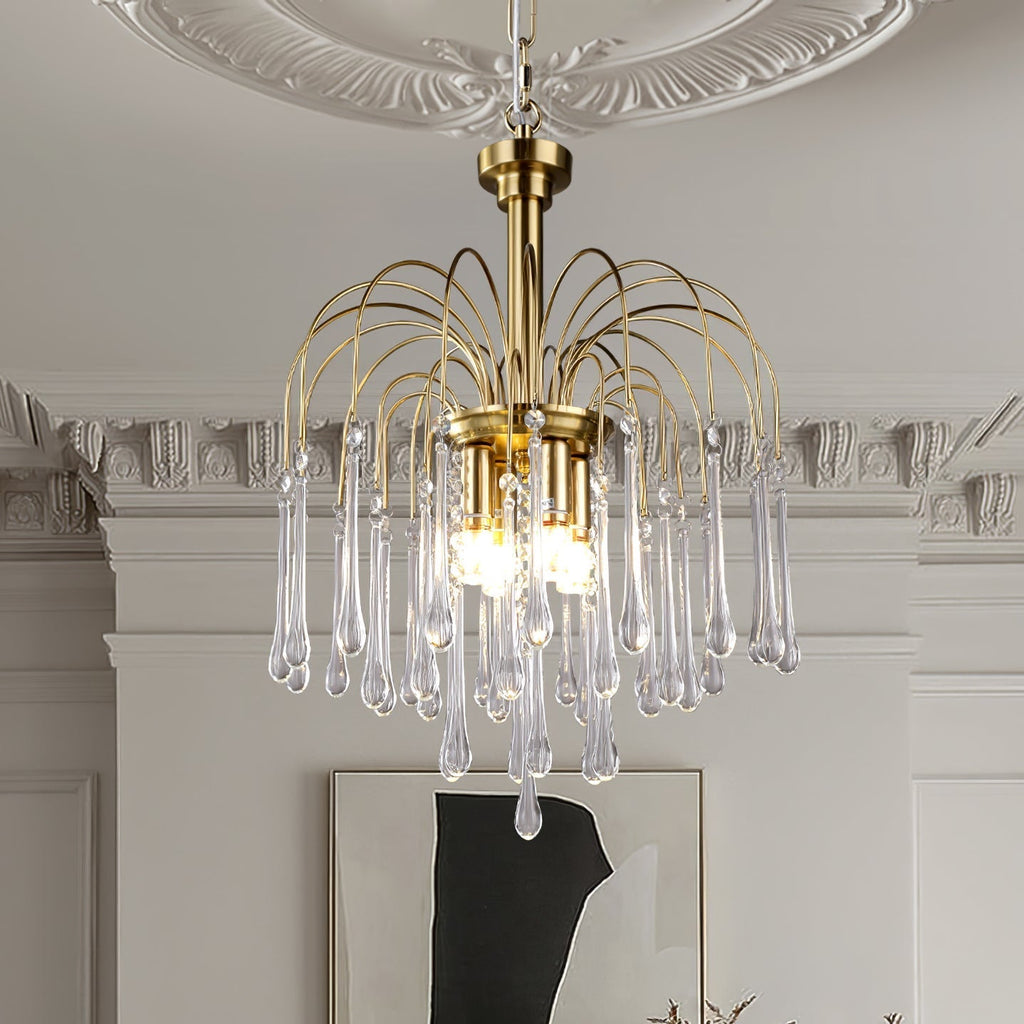 Teardrop Waterfall Crystal Glass Brass Chandelier