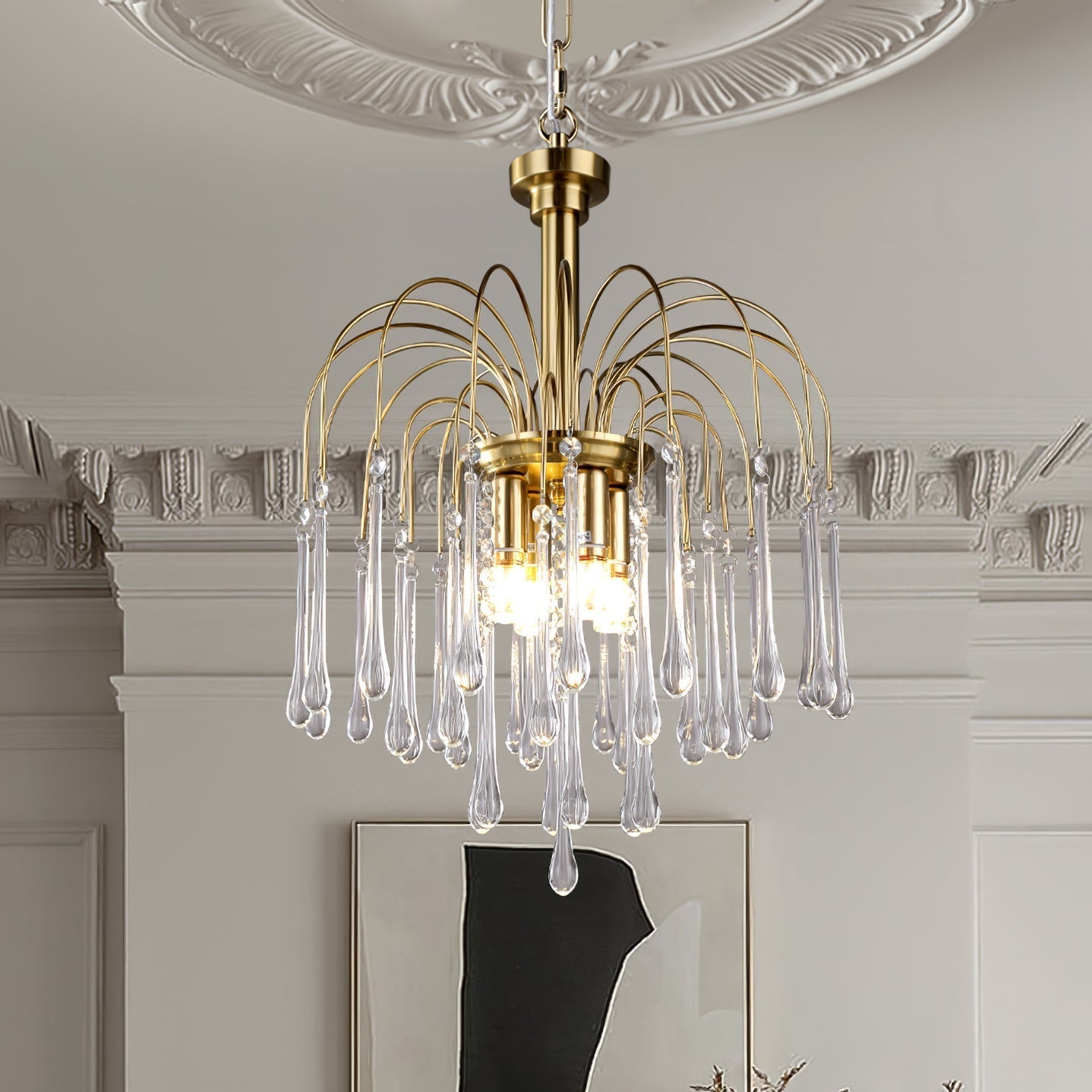 Teardrop Waterfall Crystal Glass Brass Chandelier