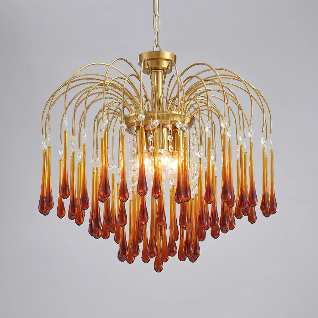 Teardrop Waterfall Crystal Glass Brass Chandelier