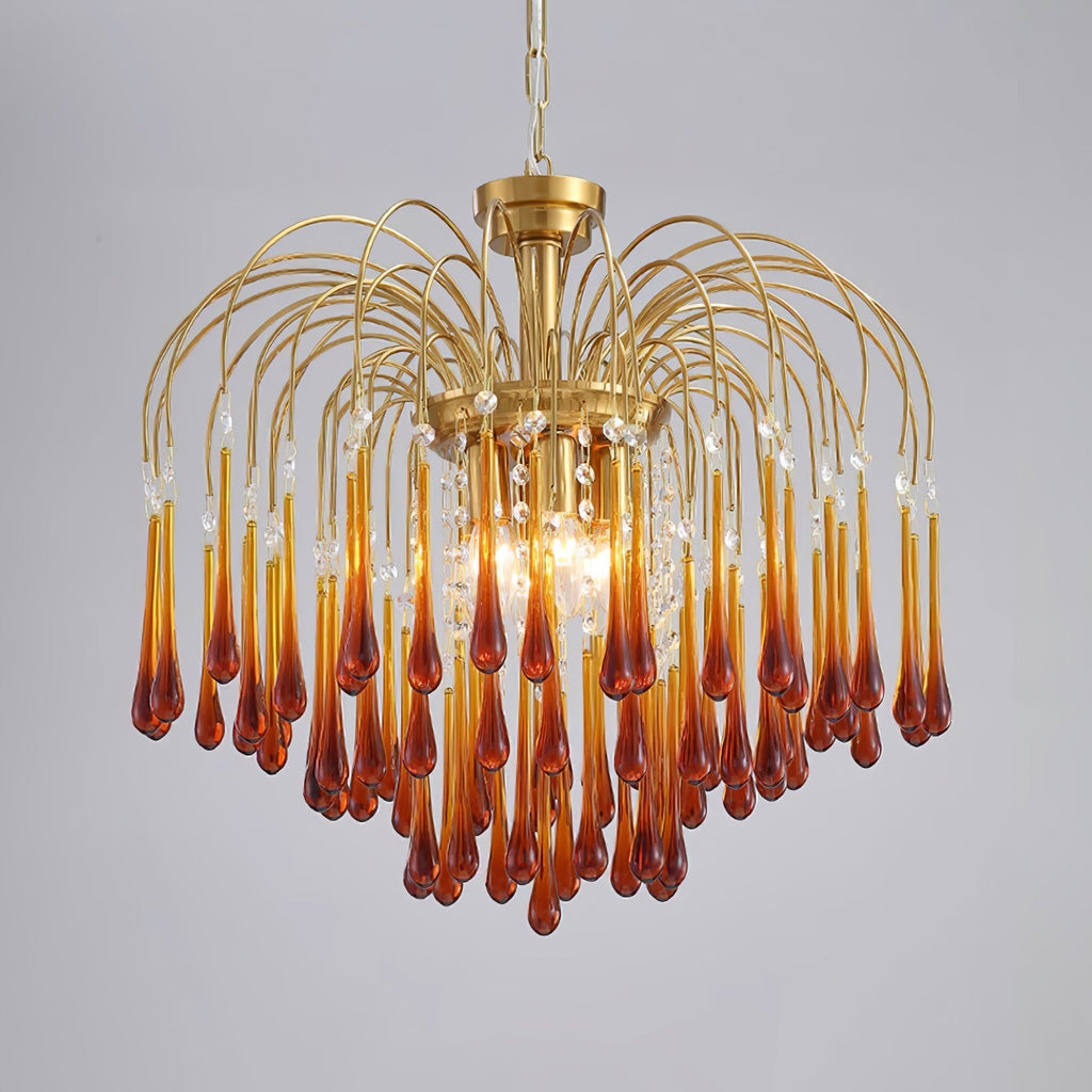 Teardrop Waterfall Crystal Glass Brass Chandelier