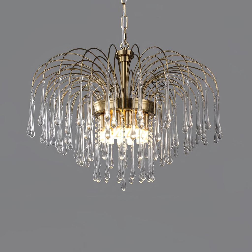 Teardrop Waterfall Crystal Glass Brass Chandelier