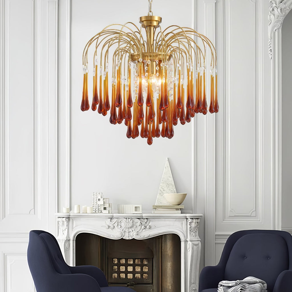 Teardrop Waterfall Crystal Glass Brass Chandelier